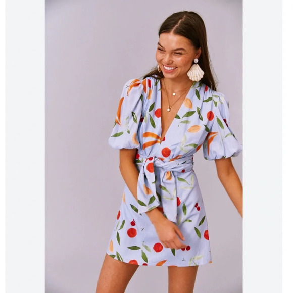 Finders Keepers Calypso Light Blue Fruit Print Puff Sleeve Mini Dress NWT Small - Picture 3 of 13